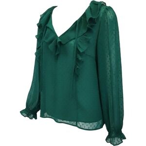 LOFT Green Clip Dot Ruffle Tie Neck Blouse Long Sleeve Top 600272 Womens Small